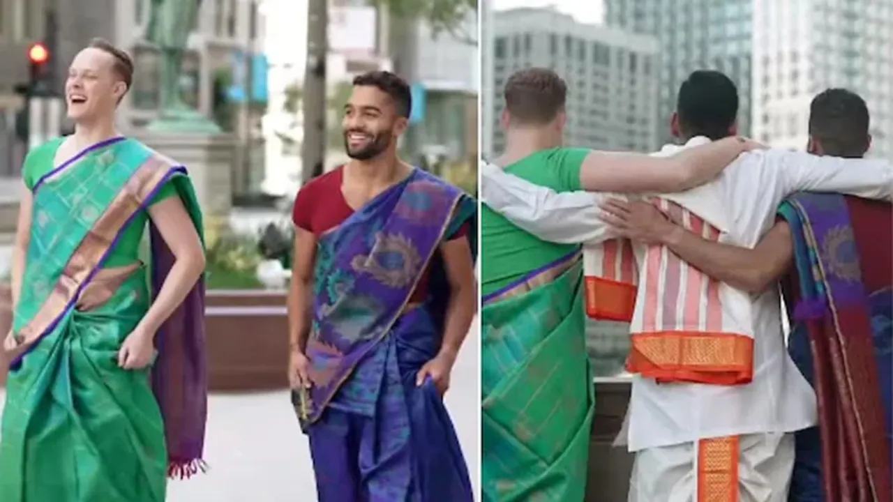 trending Video, viral video, Wedding Video, man wearing sari video, groom friends wearing sari video, Indian wedding, American friends wear sari, Chicago viral video, videshi mehman sadi me, shocking video, groom friends in sari video, surprise video