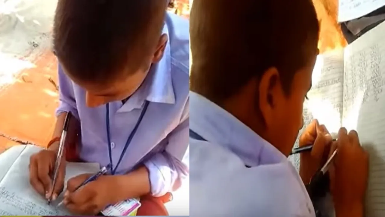 singrauli school students write with both hand, singrauli children write five languages together, write five languages together with both hand in mp, Students of school in MP can write with both hands, Ambidextrous skills, Skillful with both hands, Left handed writers, Left handed batsmen"