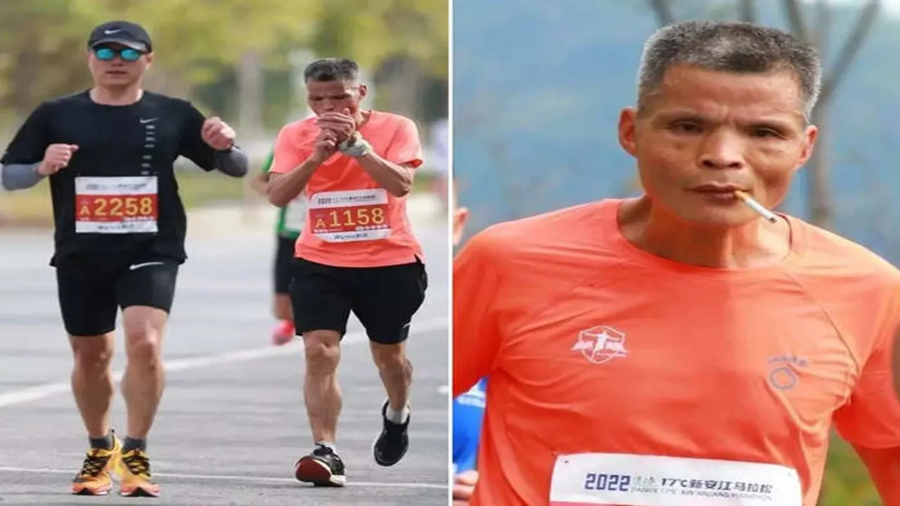 man smoking during marathon, viral news, viral adda, nbt viral, man complete marathon smoking, china viral news