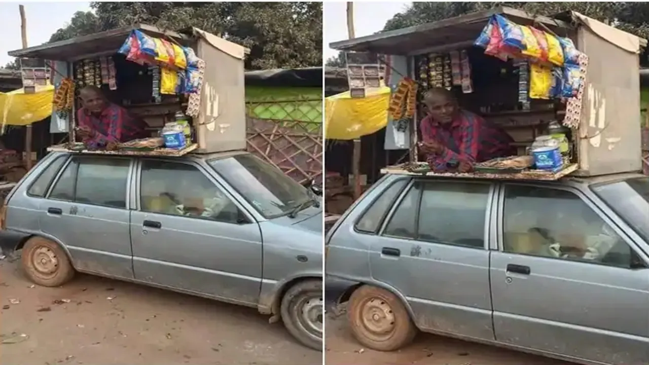 Shop on Maruti 800, Pan Shop on Maruti 800, Pan Shop on Car, Shop on car roof, Viral Photo, Shop Upon Roof Of Maruti 800