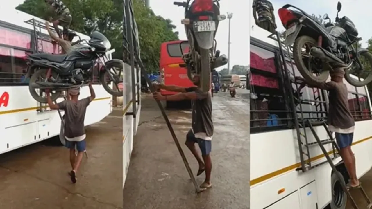 bahubali,netizens,react,man,climbs,roof,bus,bike,head,Twitter,viral video,man climbs with bike