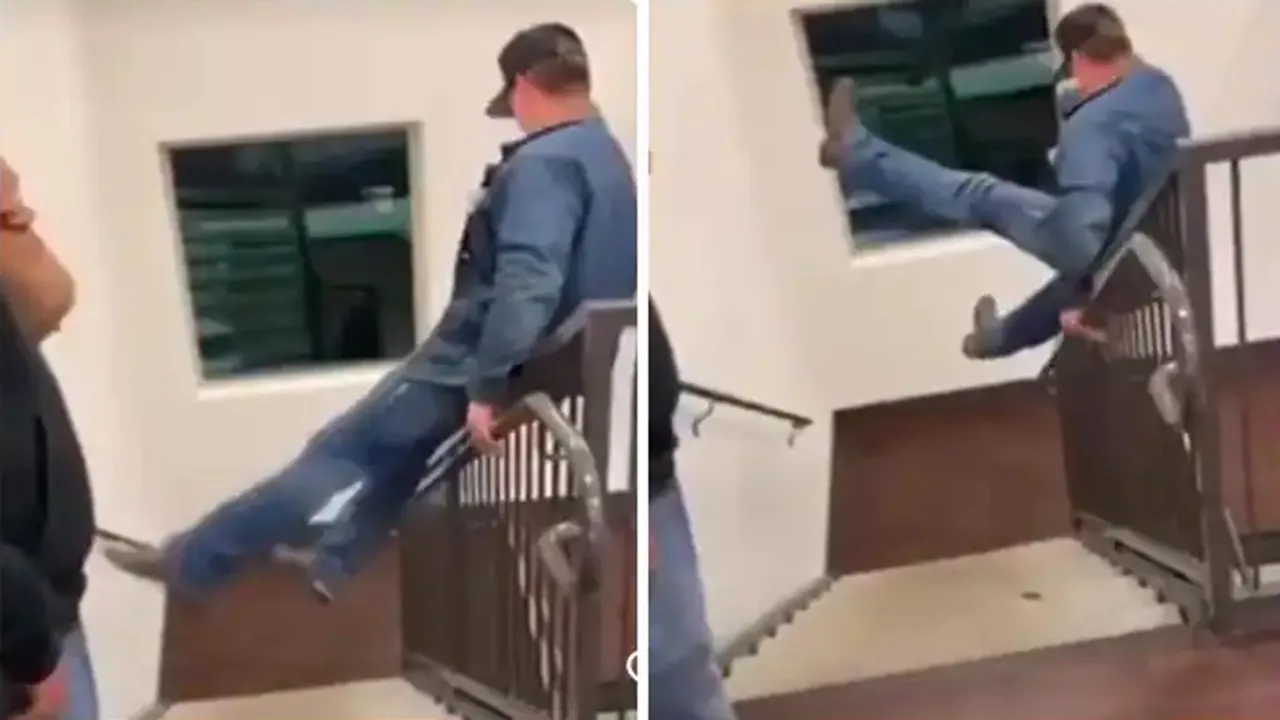 trending Video, viral video, Funny Video, Drunk man video, man tries to get down stairs awkwardly, accident video, trending drunk man video, sharabi ka video