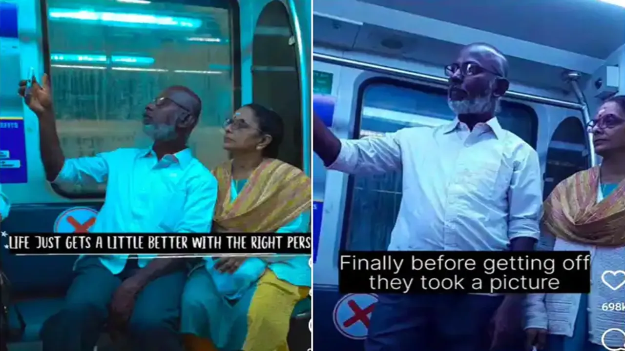 trending Video, viral video, Old Couple video, metro viral video, internet viral video, Old Couple take selfie in Metro, Trending Old Couple In Metro Video, cute moment video, viral selfie video