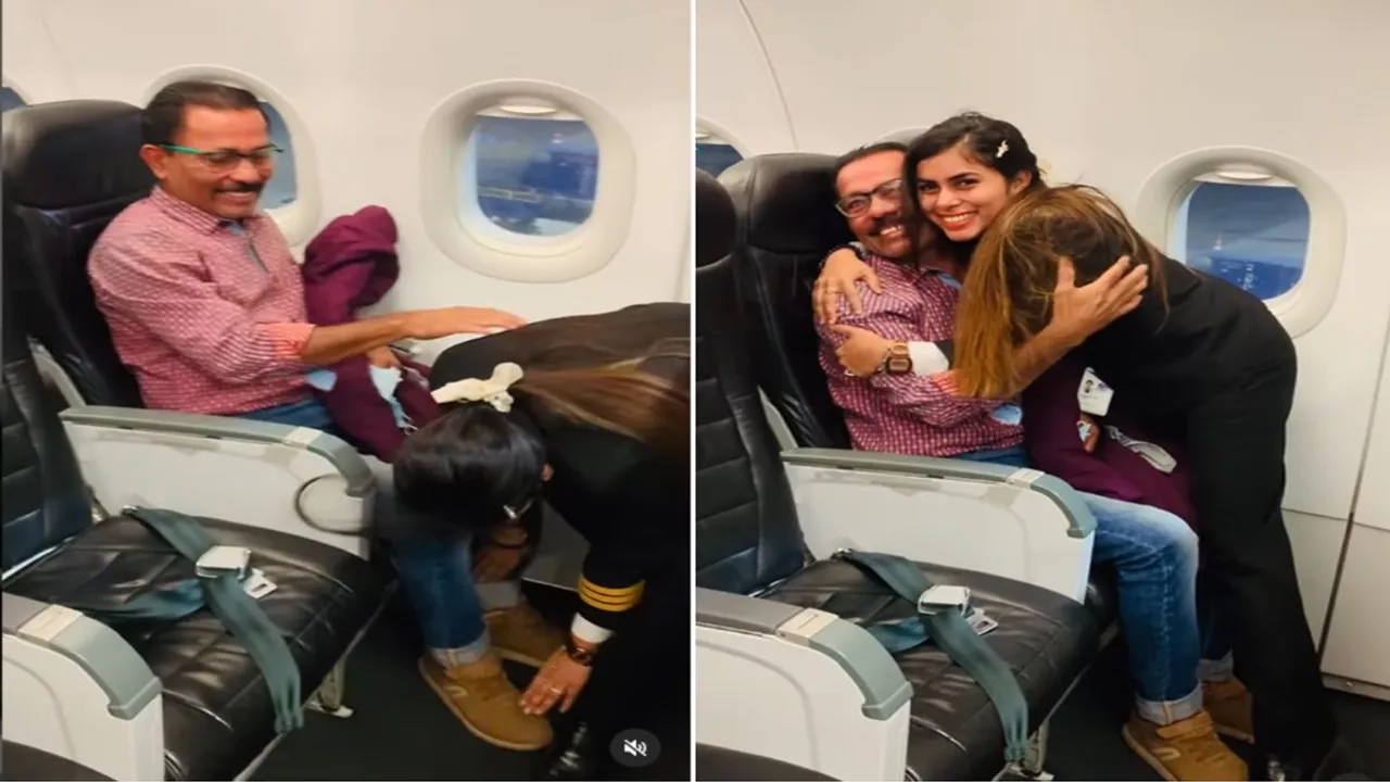 "video of pilot's daughter went viral, pilot doughter, female pilot touching father’s feet, pilot beti with father in flight, daughter took flight after taking father's blessings, Blessing before take off, Capt. Krutadnya Hale, airline pilot, AJAB GAJAB NEWS, KHABRE JARA HATKE, VIRAL NEWS, OMG, WEIRD NEWS"/