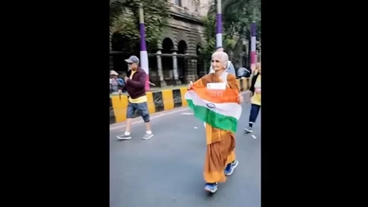 mumbai marathon,marathon,80yearold,old woman runs in marathon,mumbai marathon 2023"