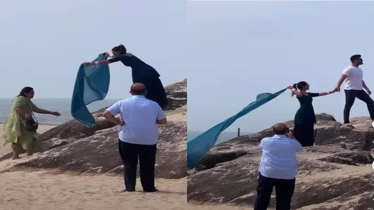 mother-in-law and father-in-law clicking photos of son and daughter-in-law, romantic photos, love birds, perfect family, viral family video, viral cute video, viral sweet video, trending mother-in-law video, trending loving family video, viral news, latest news, saas sasur ka video, bete bahu ka video