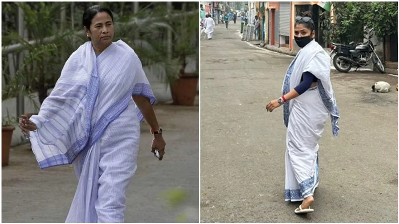 sayani ghosh dressed like mamata banerjee , সায়নী যেন ঠিক 'দিদি', অনুপ্রেরণায় নীল-সাদা শাড়ি, পায়ে হাওয়াই চটি!