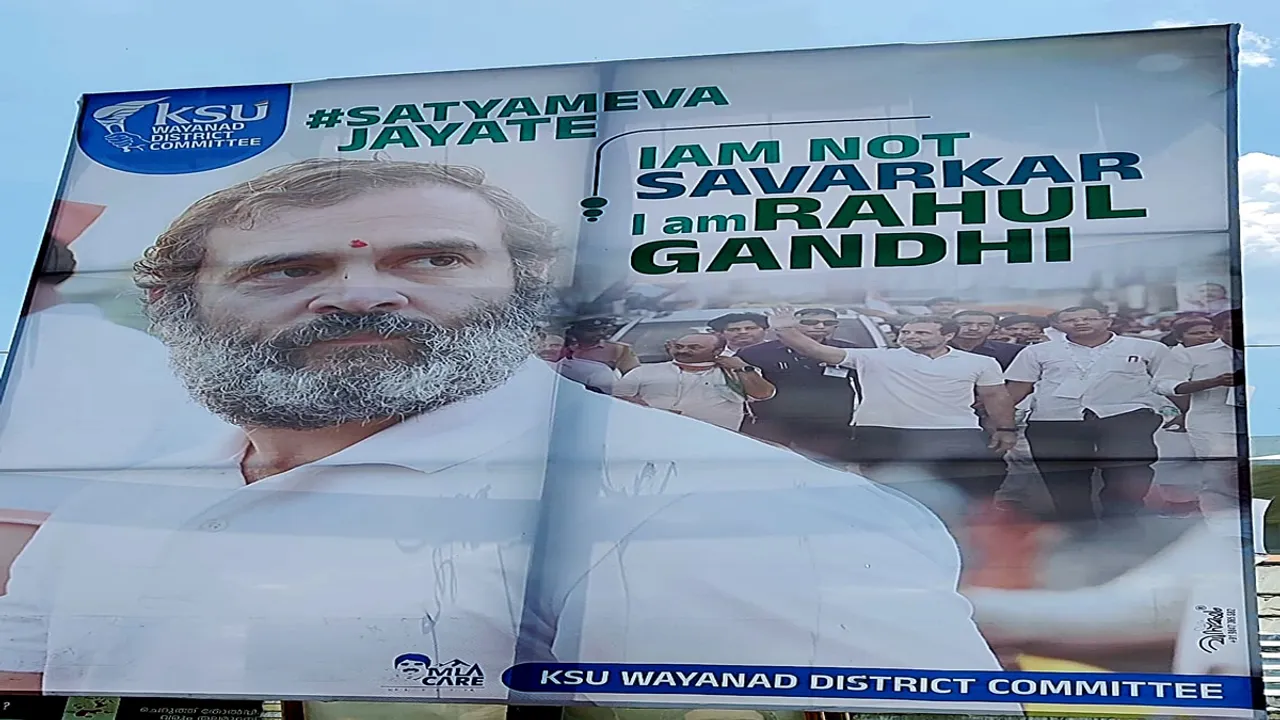 Poster of Rahul Gandhi reading 'I am not Savarkar' at Kalpetta, in Wayanad