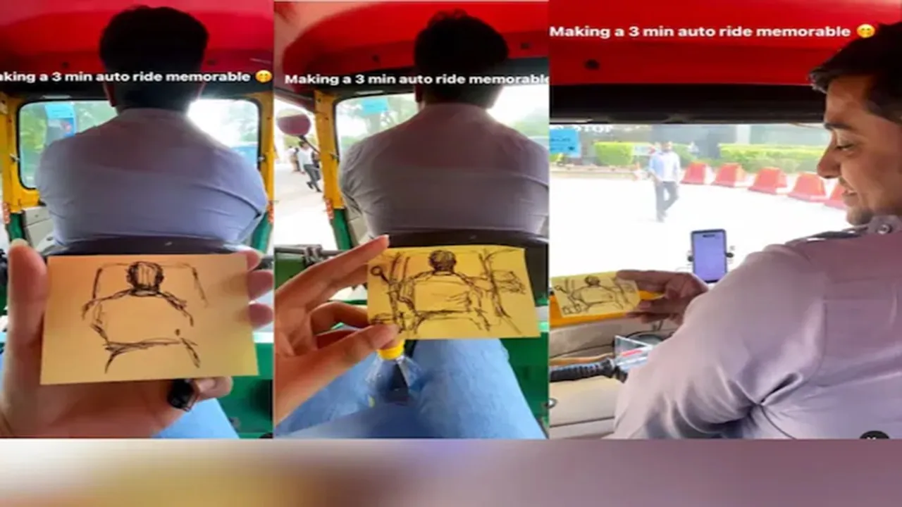 Passenger sketched driver while riding, woman made a wonderful sketch of the auto owner, driver smiled after seeing his own sketch in hands of passenger, female passenger thanked driver in a special way, People liked sketch of auto driver, Woman passenger made a wonderful sketch in a moving auto, AJAB GAJAB NEWS, KHABRE JARA HATKE, VIRAL NEWS, OMG, WEIRD NEWS
