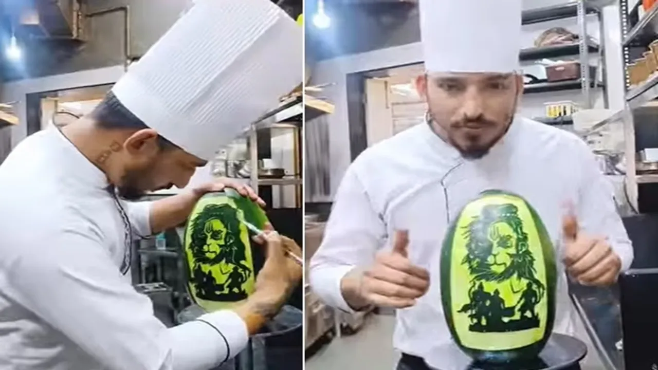 chef carves lord hanuman on watermelon,viral video,trending video,instagram post,lord ram,adipurush,mohit"