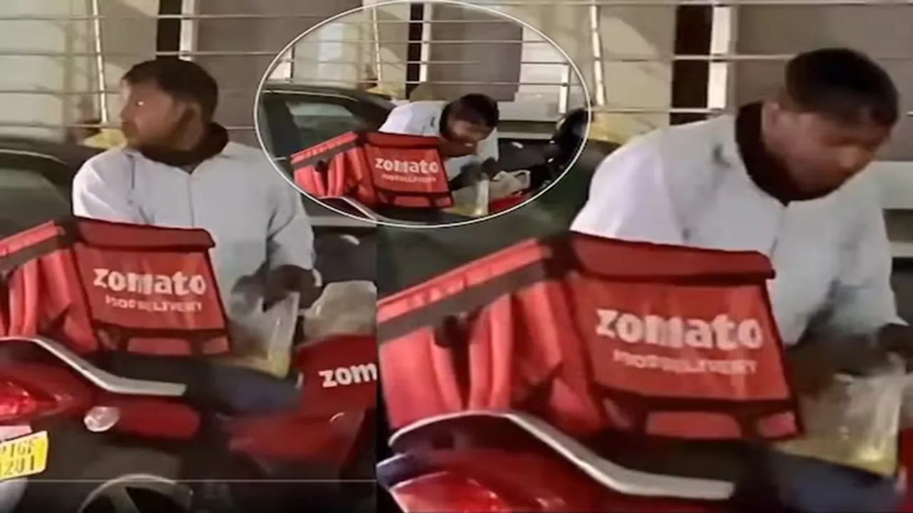 Zomato, Food, Social Media Viral, latest viral video, social media viral video, zomato boy eating food in plastic bag, zomato delivery boy viral video