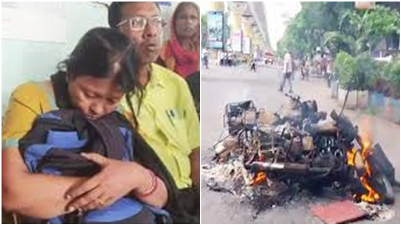 mother is crying with school bag of child who died in behala accident
