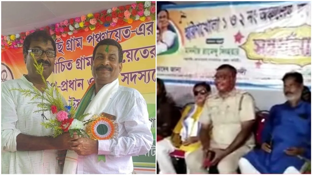 kolkata and west bengal Police on stage to celebrate tmc s victory in panchayat election 2023 , মিলেমিশে একাকার, তৃণমূলের সংবর্ধনা মঞ্চে পুলিশ! বিরাট বিতর্ক