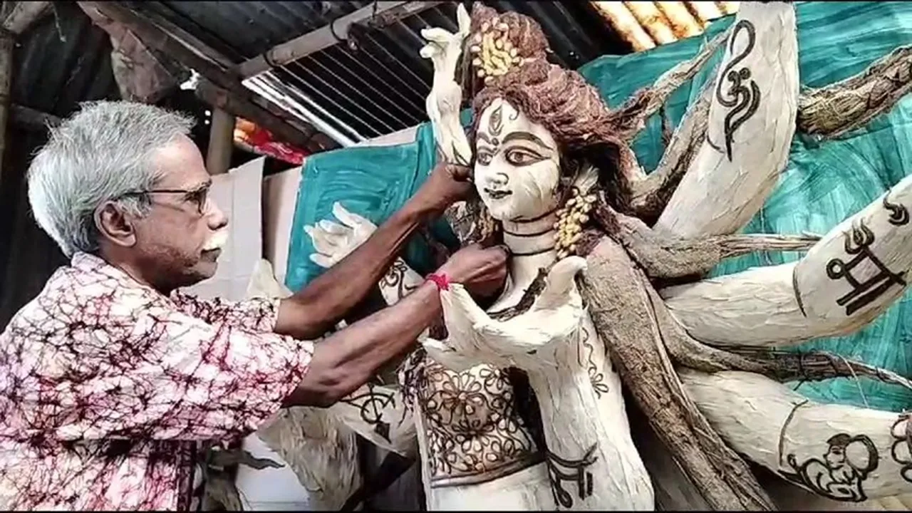 bishnu chandra saha of malda making durga idols using corn husks straw rice husks wheat husks
