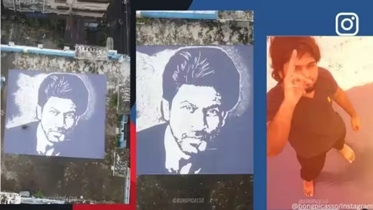 An artist from Kolkata has created a 30-feet portrait of Shah Rukh Khan using white marble stone chips.