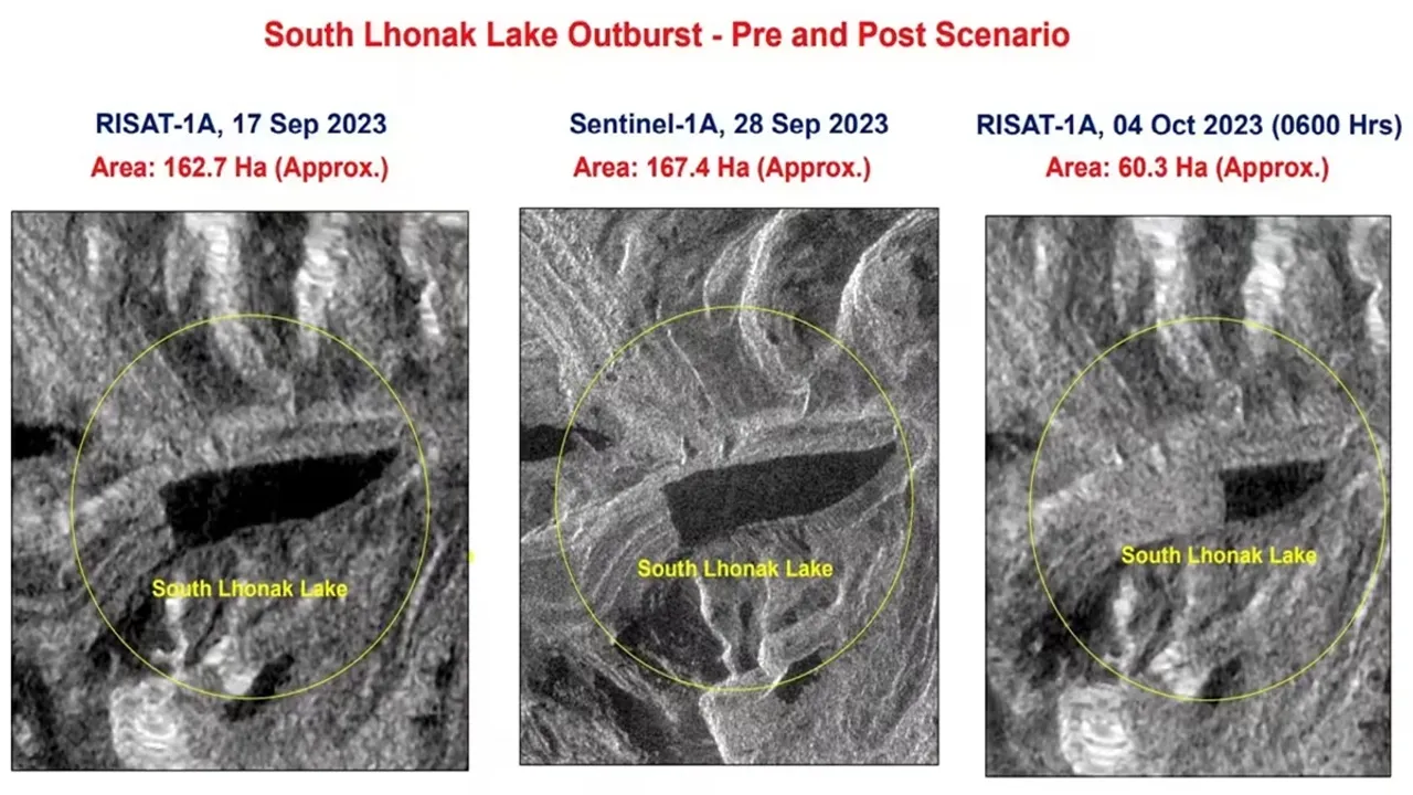 Over half the area drained ISRO satellite images show before after of South Lhonak lake , লোনাক লেকের আয়তনে বদল দেখুন মেঘ ভাঙা বৃষ্টির আগে ও পরের ছবি ইসরোর উপগ্রহ চিত্রে