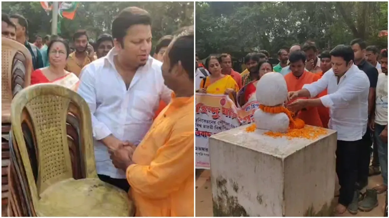 BJP leader Anupam Hazra in front of Tmc dharna stage in Santiniketan