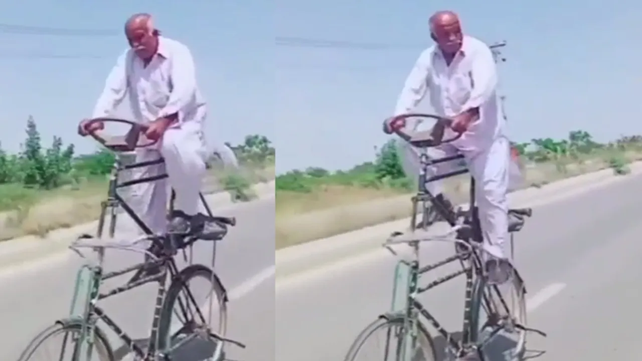VIral Video, Funny Video, trending Video, funny viral video, bycycle video, funny bycycle video, latest trending video, elderly man is seen riding a bicycle on the road,