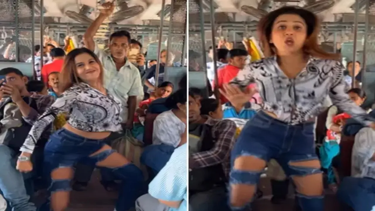 woman dances in train