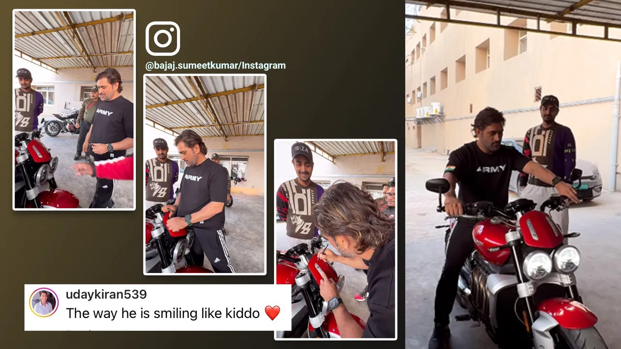 M S Dhoni signs on a fan's superbike after cleaning it with his T-shirt