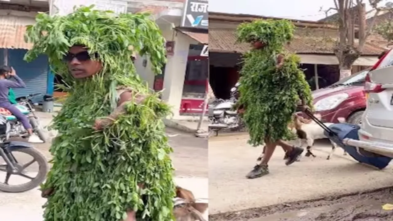 man wear leaves, man wear leaves clothes, patti se bane kapade, urfi javed brother, man walk on road with leaves, man cover himself with leaves on road, leaves clothes video, man wearing leaves viral video, ajab gajab news , viral news , omg news , amazing news , shocking news , trending news