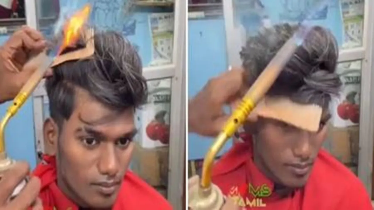 haircut, fire haircut, fiery haircut, haircut by fire, unique haircuts, barber uses fire, fire used by barber, viral, trending, indian express"