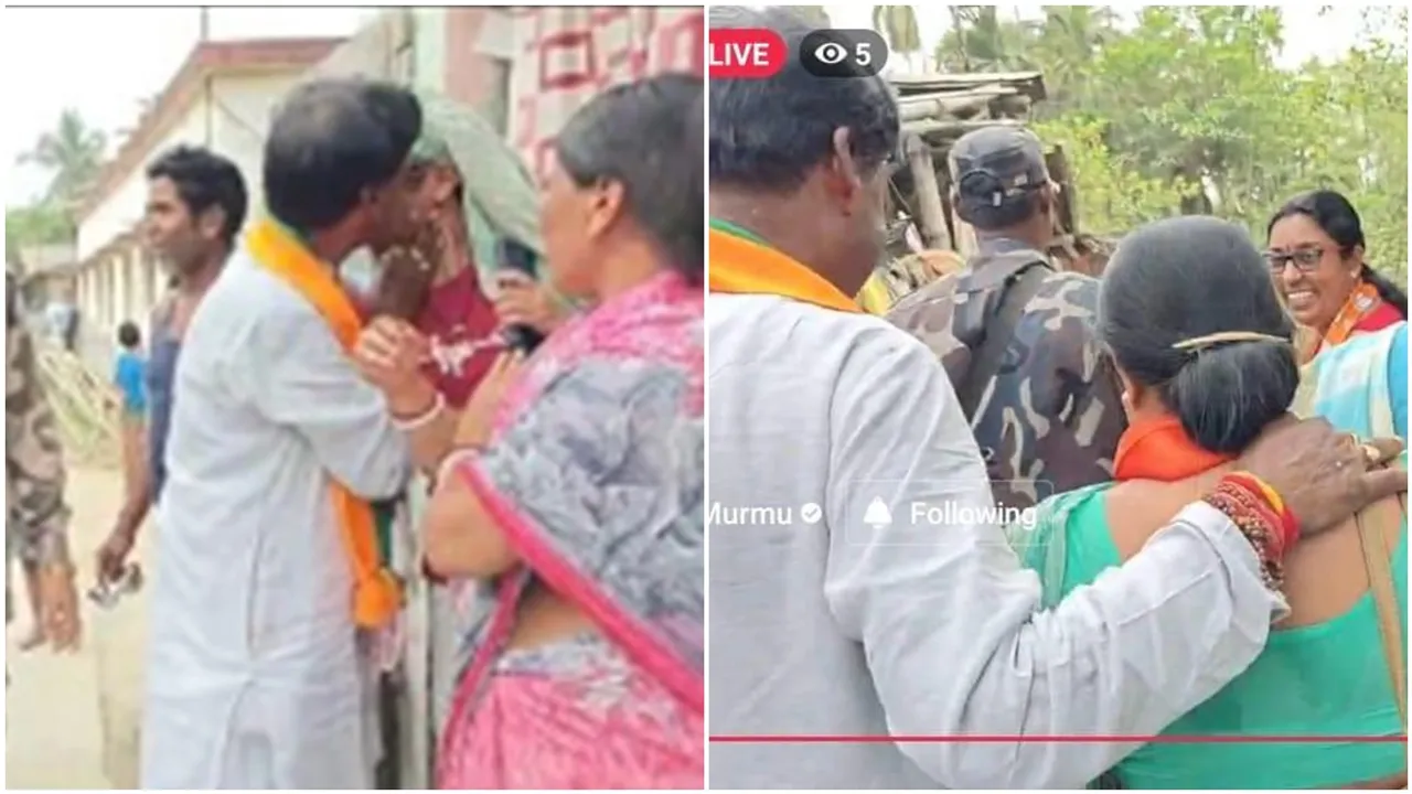 Malda North BJP candidate Khagen Murmu kissing woman while campaigning TMC alleges, মালদা উত্তরের বিজেপি প্রার্থী খগেন মুর্মু প্রচারে বেরিয়ে মহিলাকে চুমু খাচ্ছেন অভিযোগ তৃণমূলের