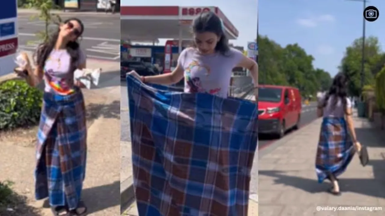lungi wearing woman London, lungi, London, viral, trending, indian express