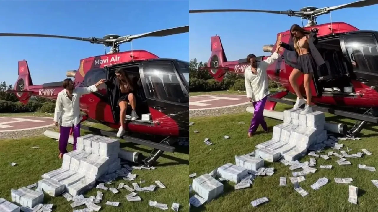 "Sergey Kosenko, Russian entrepreneur, Russian entrepreneur's girlfriend walks on money, viral video, banknotes, Stairs made of cash, walking on cash, currency notes, Russian influencer, Mr Thank You, Russian Man Makes Girlfriend Walk on Pile of Money Viral Video, viral instagram video, girl walking on money, stack of money, viral news, social media viral videos, viral trending videos,
