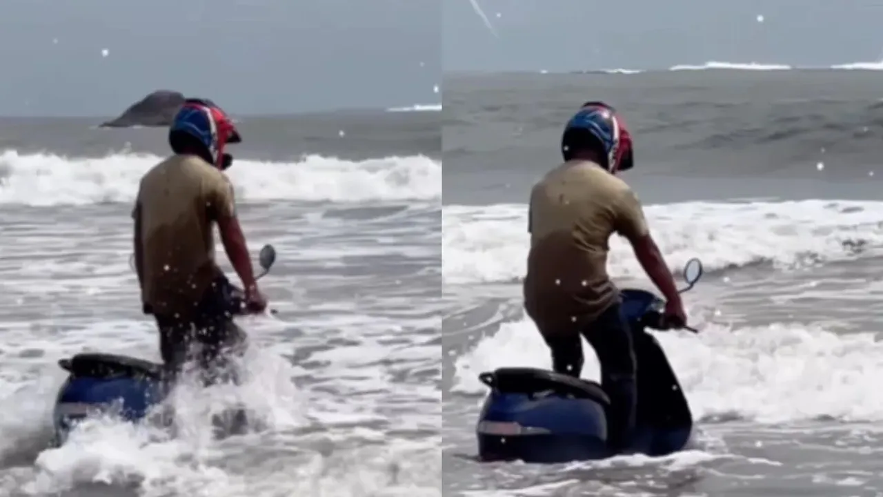"man ran his scooty in Sea, viral video, viral news, trending news"