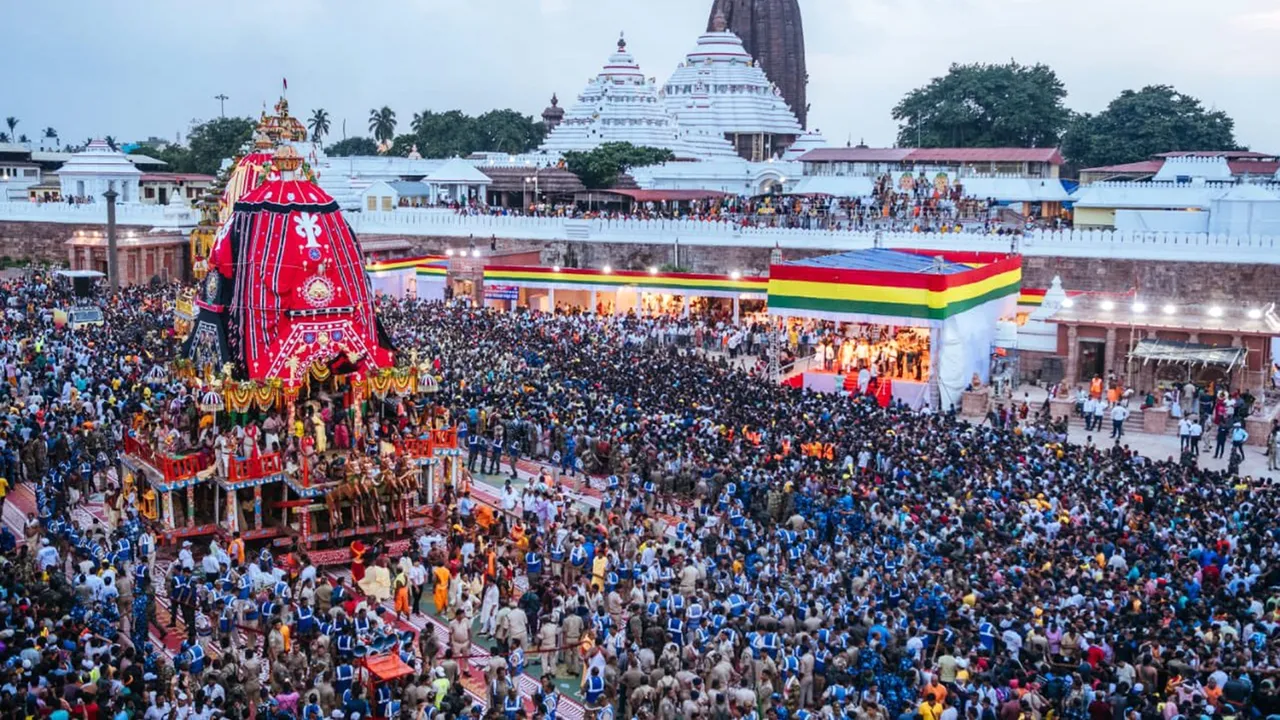 Devotees take part in the annual Jagannath Rath Yatra in Puri. (PTI)