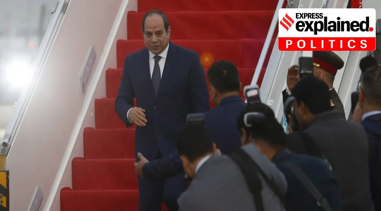 Egypt President Abdel Fattah El-SiSi arrives at the Palam Air Force station in New Delhi on January 24. (Express photo: Anil Sharma)
