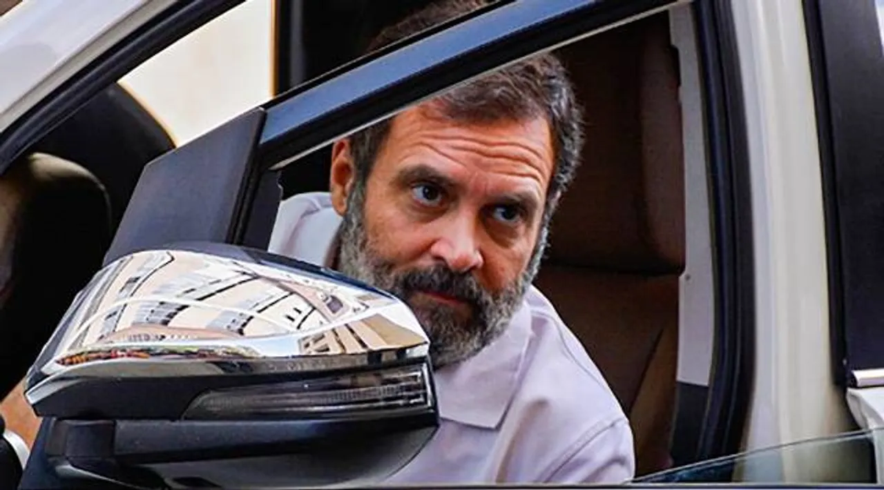 Congress leader Rahul Gandhi arrives at Surat District Court for hearing of a criminal defamation case filed against him over his alleged 'Modi surname' remark, in Surat. (PTI)