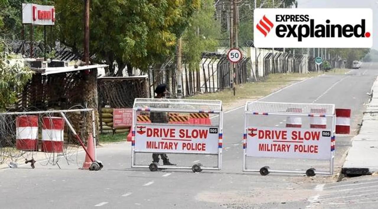 Soldiers at the entrance to the Bathinda military station Wednesday. (Express Photo)