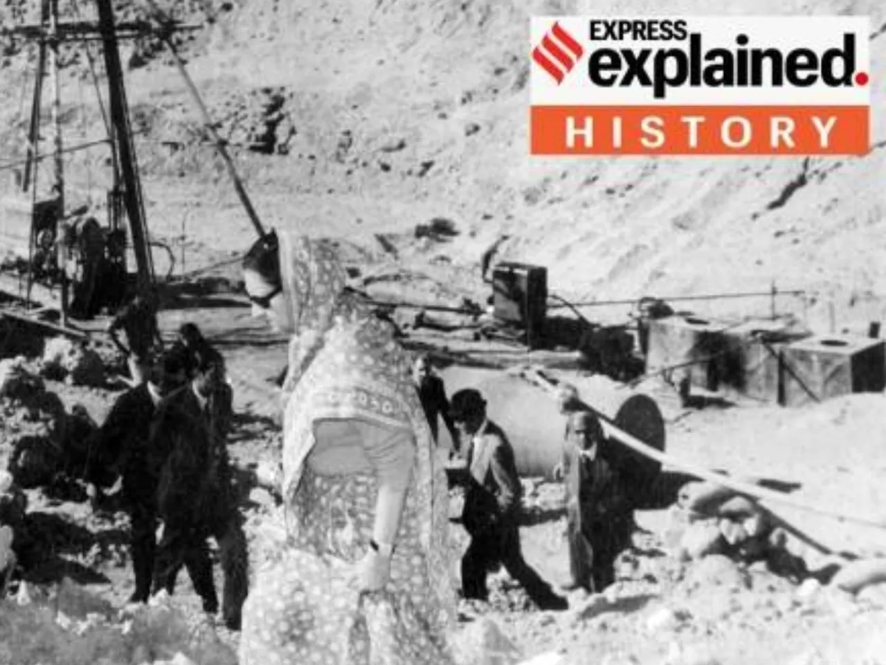 Prime Minister Indira Gandhi visits the site of the nuclear explosion at Pokhran in Rajasthan on 22.12.1974. (Express archives)