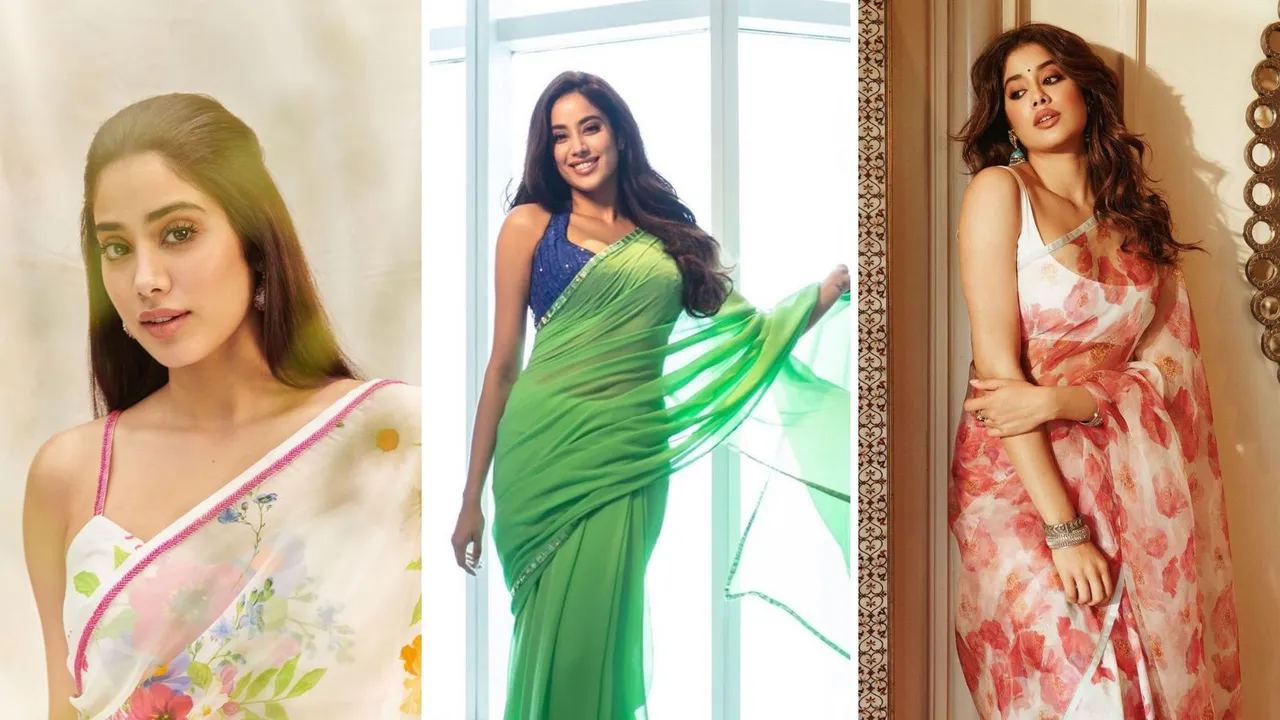 janhvi kapoor saree look | janhvi kapoor In saree look | floral printed saree fashion | floral printed saree trends 2024 | saree trends 2024