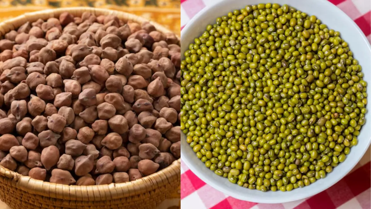Chickpeas or Moong which has higher protein