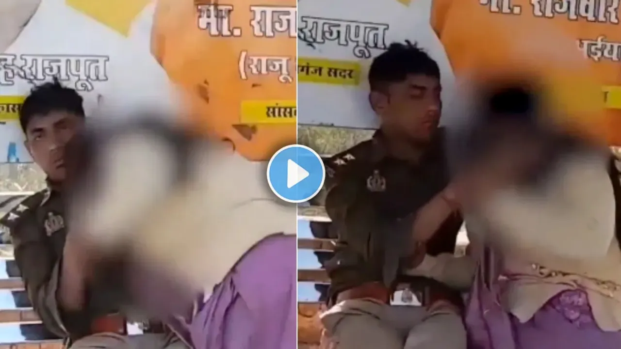 Shocking video, drunk police harassed wife, public, kasganj,