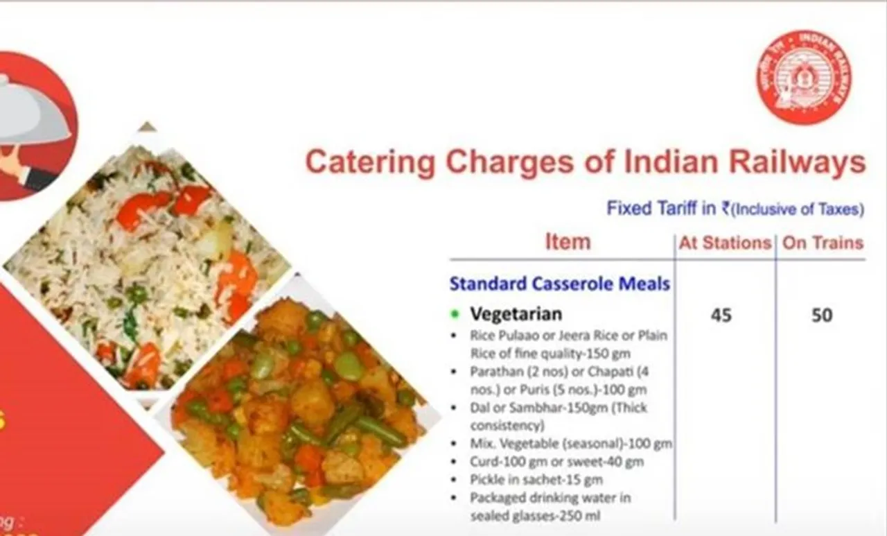 ട്രെയിനില്‍ പ്രഭാത ഭക്ഷണത്തിന് 30 രൂപ, ഉച്ചഭക്ഷണത്തിന് 50; കൊളള നടക്കില്ലെന്ന മുന്നറിയിപ്പുമായി റെയില്‍വെ വിലനിരക്ക് പുറത്തിറക്കി