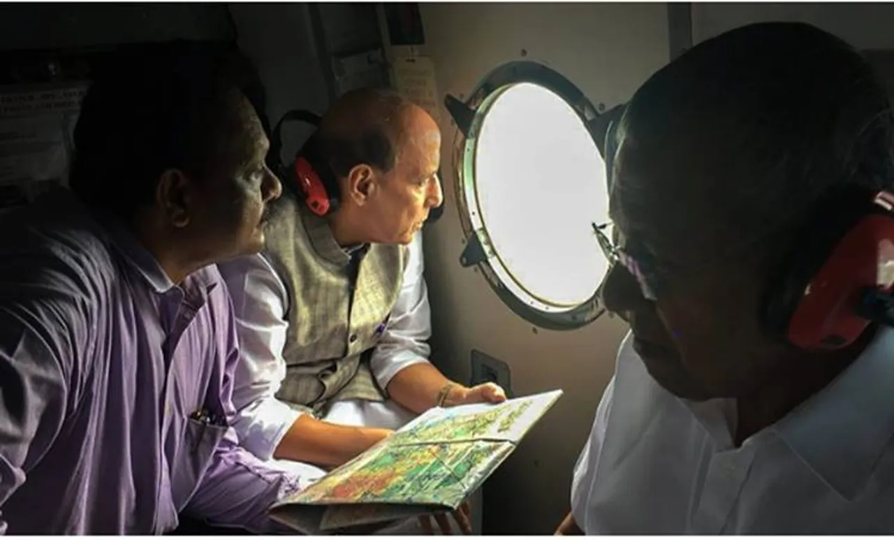 Kerala Floods:Kochi Union Home Minister Rajnath Singh conducted an aerial survey of flood-affected areas of Kerala on August 12 HMO Twitter Photo via PTI