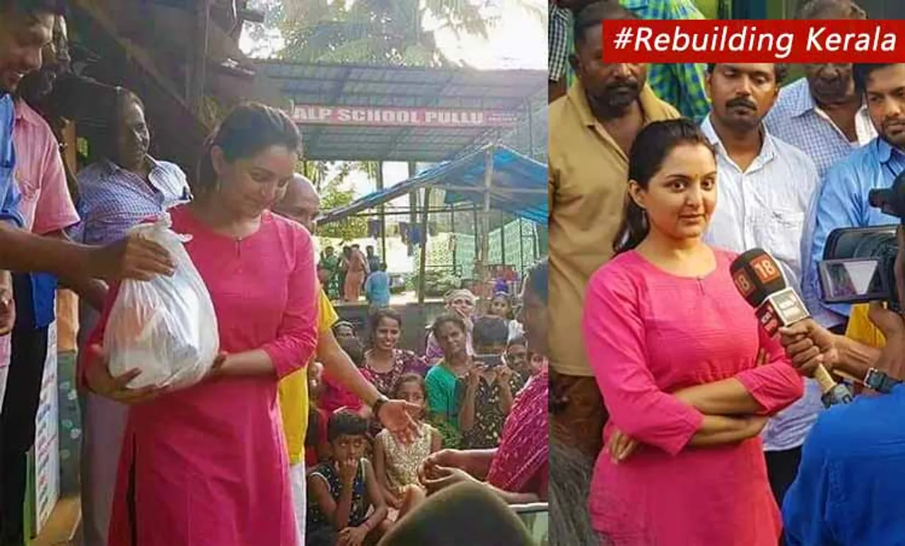Rebuilding Kerala Manju Warrier at Pullu Relief Camp reminds ending life is not solution but living on is