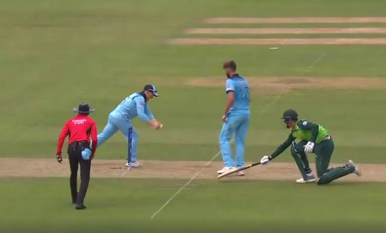 Eion Morgan, ഇയാന്‍ മോർഗന്‍, Morgan Run out, Morgan Dhoni, england vs South africa, cricket world cup, wc2019, world cup first match, eng vs sa, ഇംഗ്ലണ്ട് vs ദക്ഷിണാഫ്രിക്ക, ലോകകപ്പ്, ലോകകപ്പ് 2019, iemalayalam