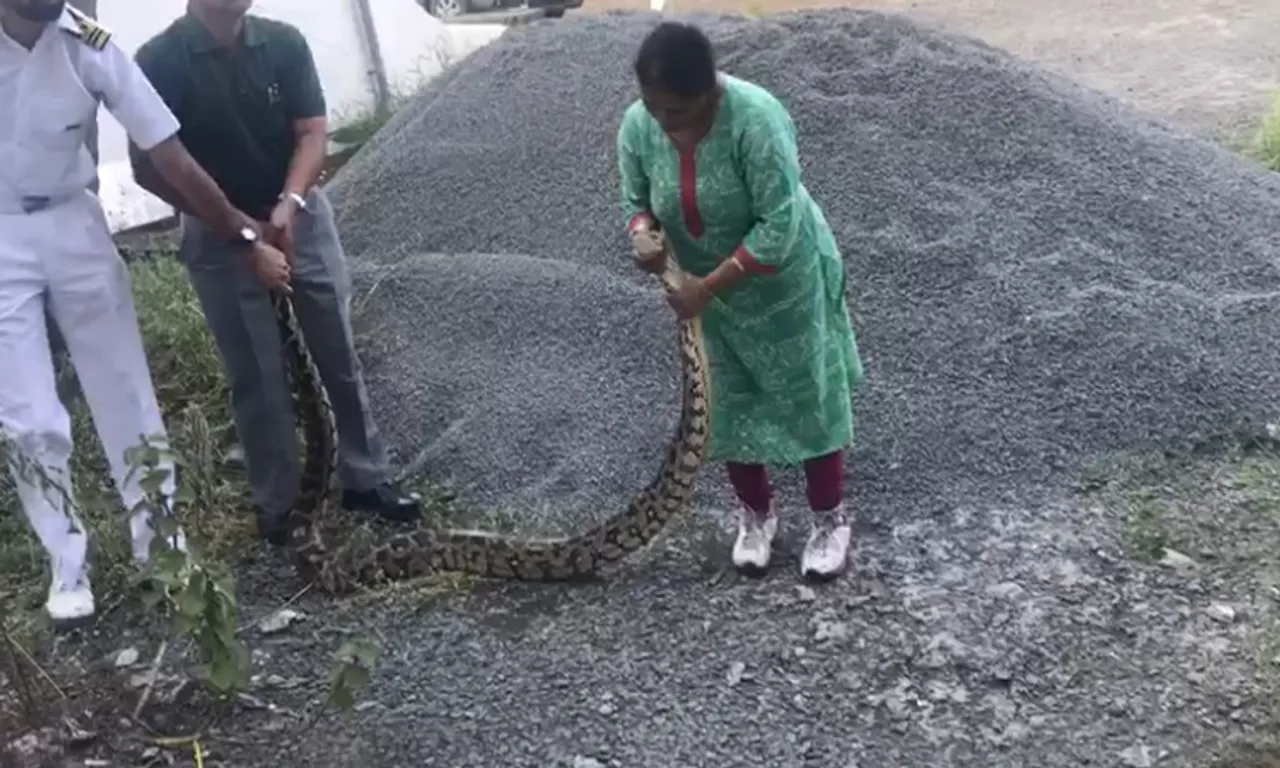 python caught alive by wife of senior Navy officer, Kerala rescuing snake from well go viral, പെരുമ്പാമ്പിനെ രക്ഷിക്കുന്ന വീഡിയോ വൈറൽ, snake video, പാമ്പിനെ രക്ഷിച്ച് നേവി ഉദ്യോഗസ്ഥന്റെ ഭാര്യ, kerala news, ie malayalam, ഐഇ മലയാളം