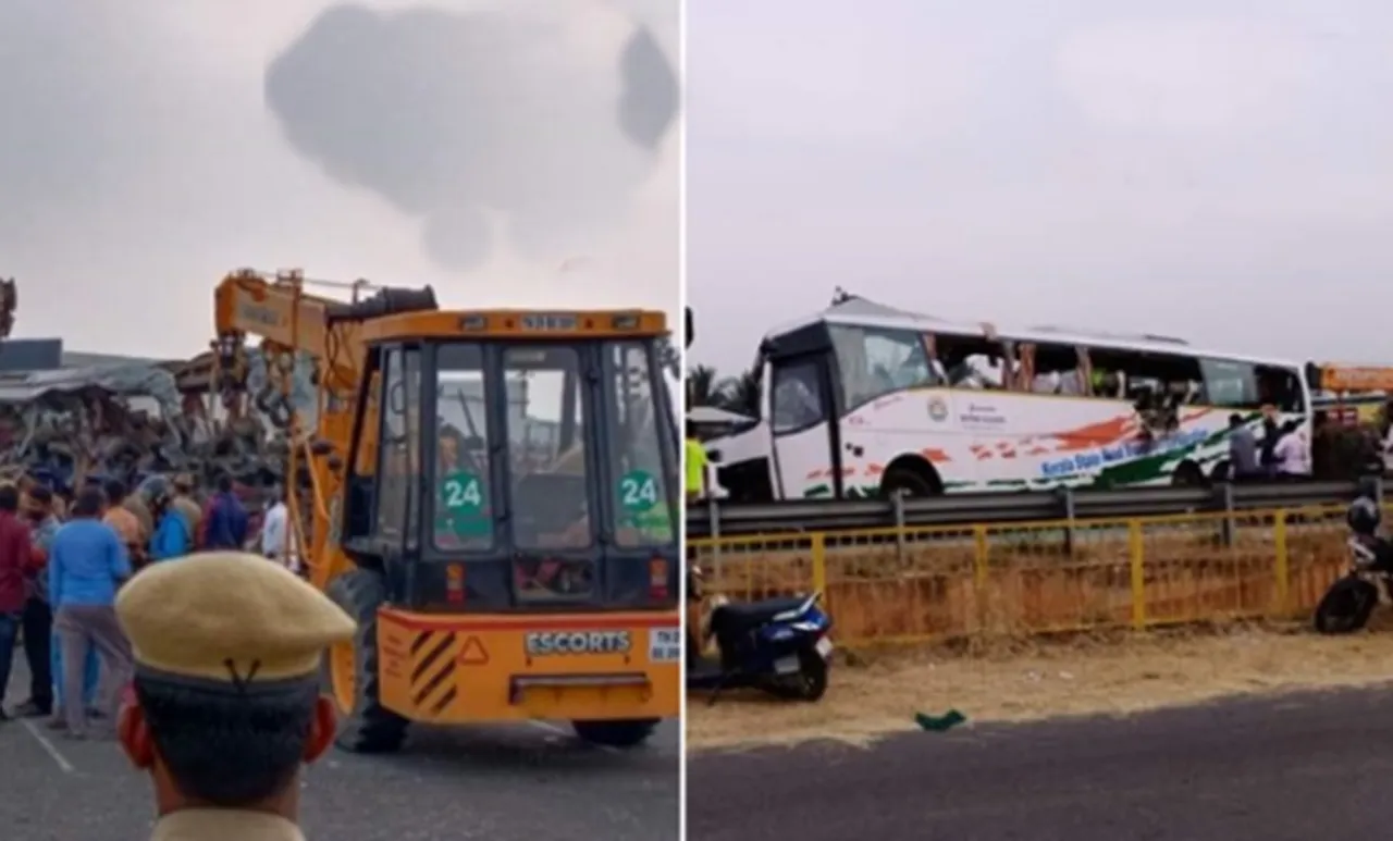 KSRTC, കെഎസ്ആർടിസി, accident,injured,വാഹനാപകടം,avinashi,അവിനാശി,തമിഴ്നാട്,ksrtc,ksrtc bus,container lorry,tamil nadu, iemalayalam, ഐഇ മലയാളം