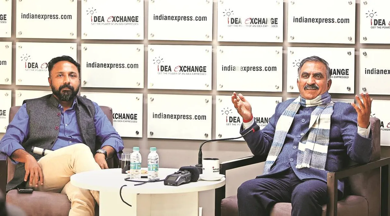 Himachal-Pradesh-Chief-Minister-Sukhvinder-Singh-Sukhu-right-at-The-Indian-Express-office-in-Noida.-Abhinav-Saha