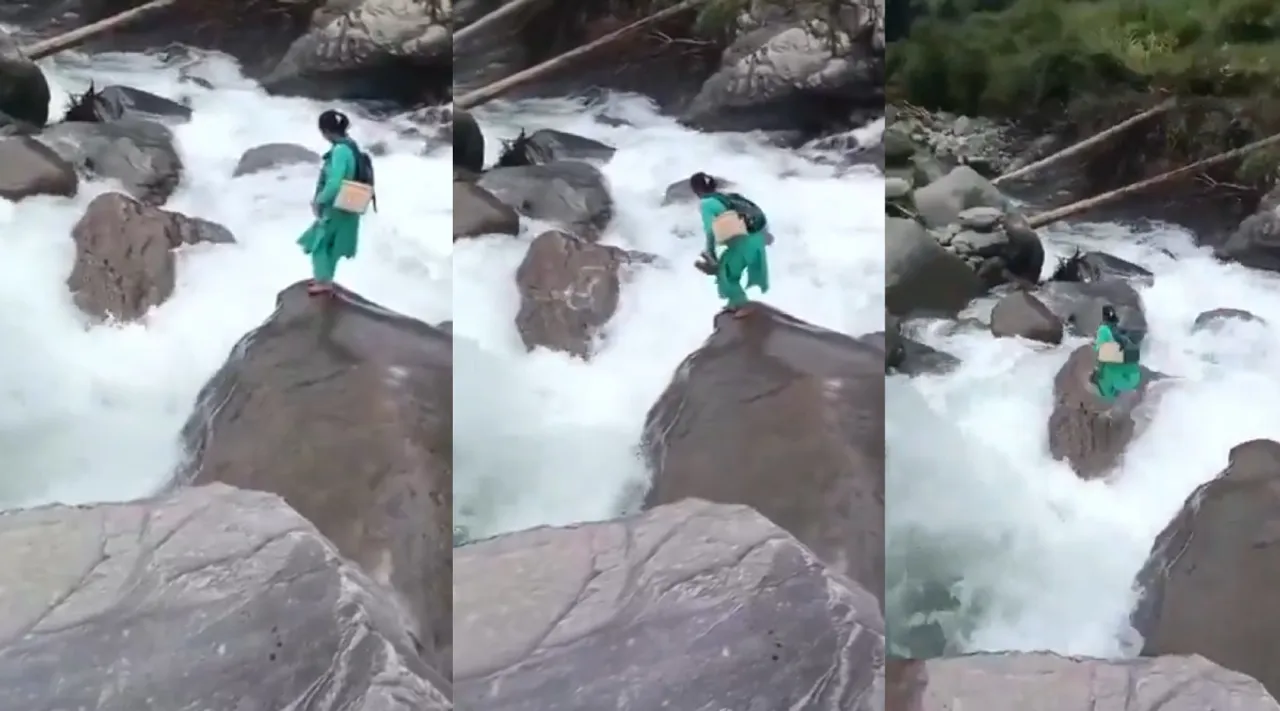 Himachal Nurse Crosses Flooded Stream