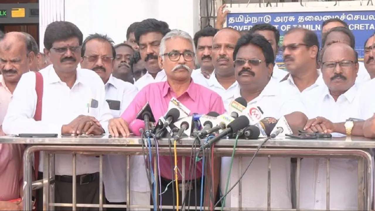 JACTO GEO strike TN Government Employees Protest CM Stalin Old Pension Scheme Tamil Nadu EV Velu POTA GEO TN Teachers Union Protest