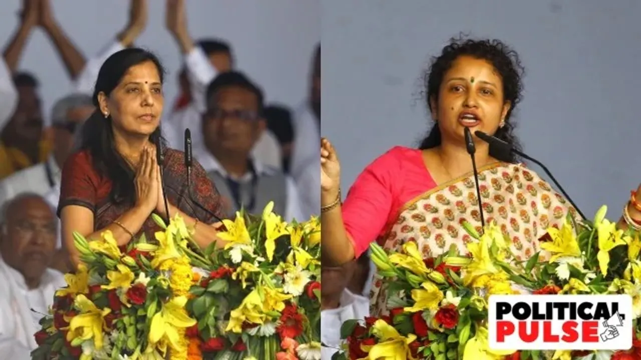 Two empty chairs for their husbands Sunita Kejriwal and Kalpana Soren take centre stage