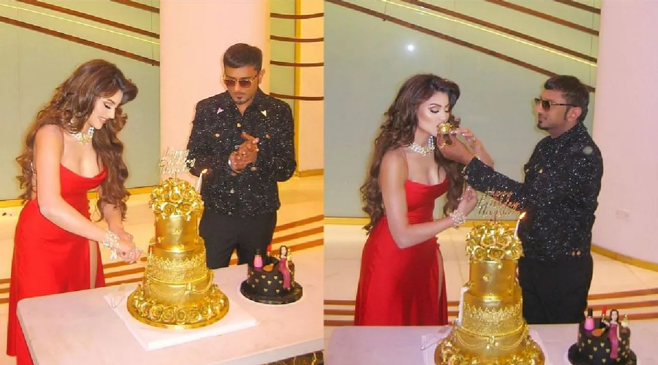 Urvashi Rautela cuts 24 carrot gold cake on her birthday Yo Yo Honey Singh gifts video goes viral Tamil News 