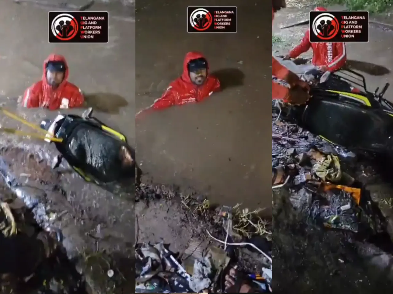 Zomato delivery boy falls into open drain during heavy rains in Hyderabad